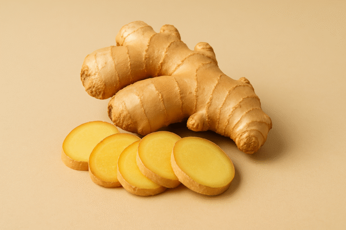 زنجبيل طازج في المنتصف على خلفية بيج لدعم مقال فوائد الزنجبيل للجهاز الهضمي والقولون.