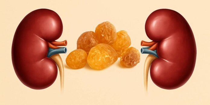 صورة توضيحية للكليتين وقطع من الصمغ العربي الطبيعي توضح دوره في دعم صحة الكلى وتنظيف الجسم