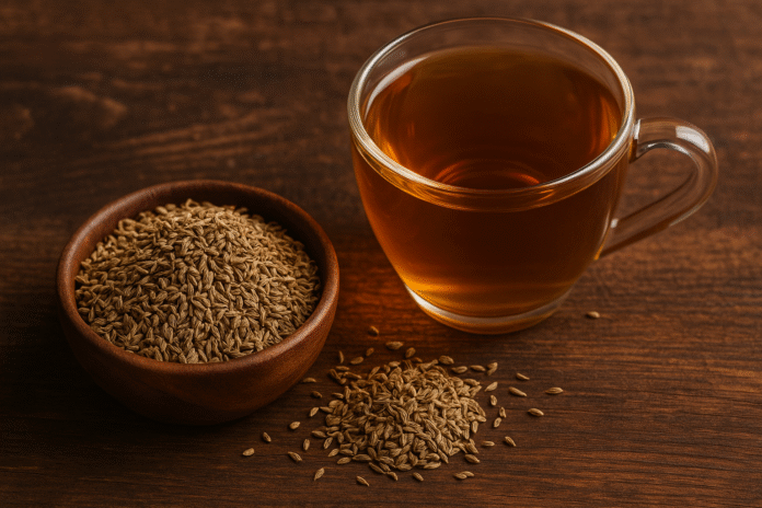 اليانسون صورة كوب شاي باليانسون مع بذور طبيعية على خلفية خشبية