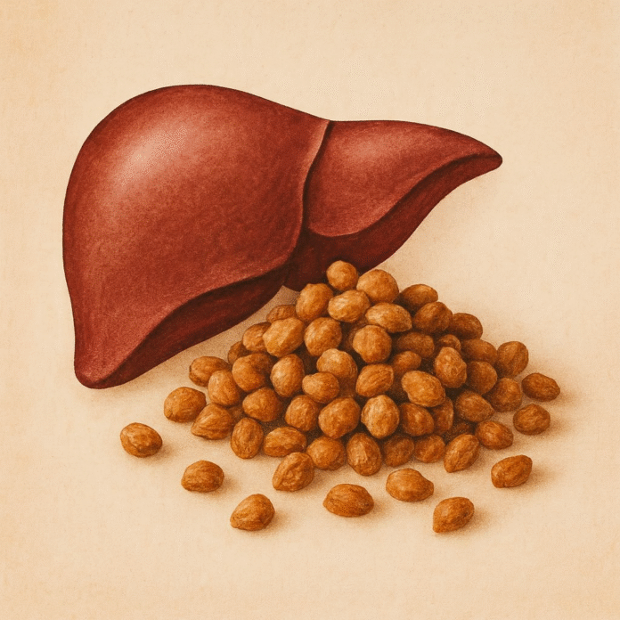 بذور الأكبي الإفريقية مع صورة للكبد كمرجع بصري لموضوع تأثير الأكبي على صحة الكبد