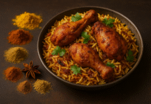 بهارات برياني الدجاج الكشميرية وطريقة تحضيرها خطوة بخطوة طبق برياني دجاج مع بهارات برياني على طبق خشبي