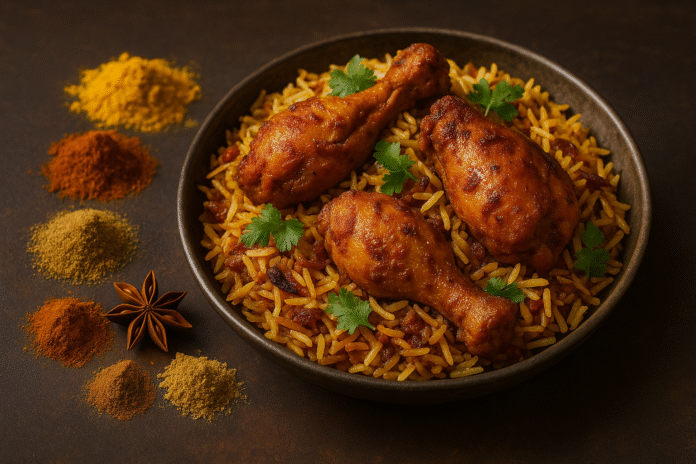 بهارات برياني دجاج طبق برياني دجاج مع بهارات برياني على طبق خشبي