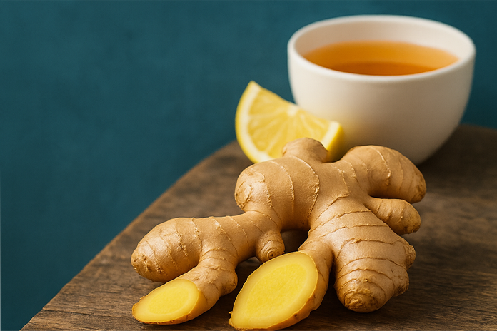 زنجبيل مشروب الشتاء زنجبيل طازج وليمون على خلفية خشبية