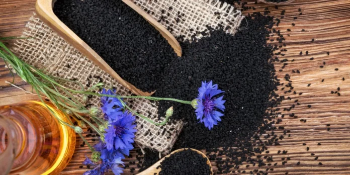 زيت الحبة السوداء زيت الحبة السوداء الطبيعي في زجاجة شفافة مع بذور خلفية خشبية.