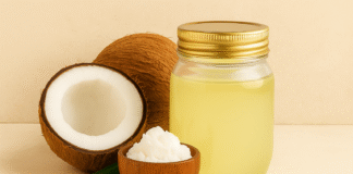فوائد زيت جوز الهند للشعر – ترطيب، تكثيف، ولمعان طبيعي وفق الدراسات زيت جوز الهند للشعر في عبوة طبيعية بجانب ثمرة جوز الهند – ترطيب وتقوية الشعر