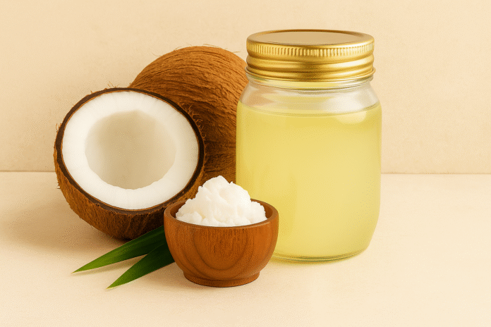فوائد زيت جوز الهند للشعر زيت جوز الهند للشعر في عبوة طبيعية بجانب ثمرة جوز الهند – ترطيب وتقوية الشعر