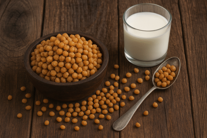 بذور الأكبي مع كوب حليب على سطح خشبي