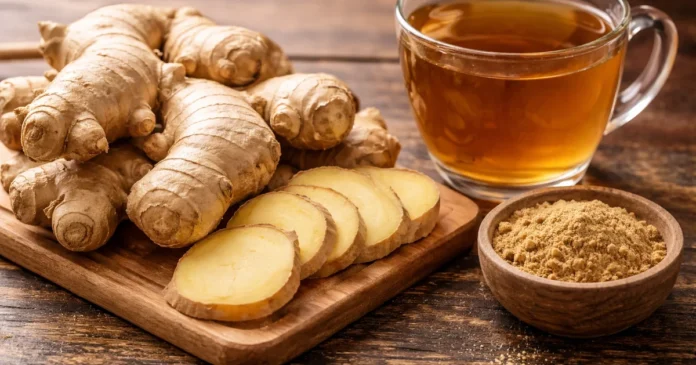 فوائد-الزنجبيل توضيح حبات الزنجبيل مقطع و كوب الزنجبيل كمشروب و بودرة الزنجبيل